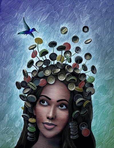 Titania, 2017 (scratchboard, farvelagt digitalt) af Scott McKowen