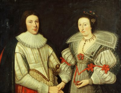 Et gruppeportræt af en gentleman, halvlængde, i en hvid doublet og ruff, og hans kone, i en hvid og grøn kjole, vifteformet krave og guldhalskæde, af Scottish School