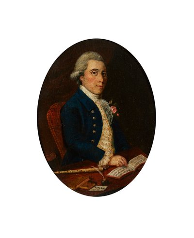 Alex Rose fra Nairn, With His Flute and Book of Music (olie på lærred) af Scottish School