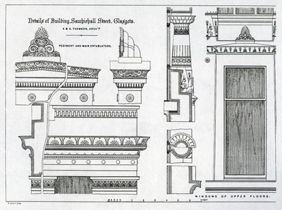 Arkitektoniske detaljer af Grecian Chambers, 336-356 Sauchiehall Street, Glasgow, designet af Alexander Greek Thomson, 1869 af Scottish School