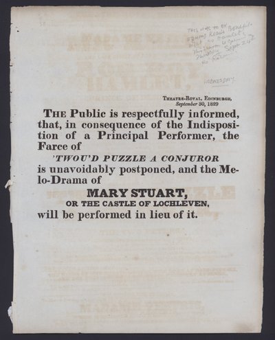 Meddelelse om en ændring af den fakturerede forestilling på Theatre Royal, Edinburgh, 30. september 1829 (litho) af Scottish School