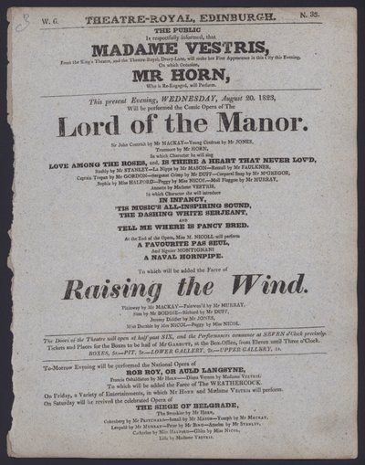 Teaterprogram for Theatre Royal, Edinburgh, 20. august 1823 (litho) af Scottish School