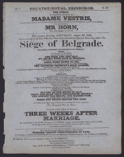 Teaterprogram for Theatre Royal, Edinburgh, 23. august 1823 (litho) af Scottish School
