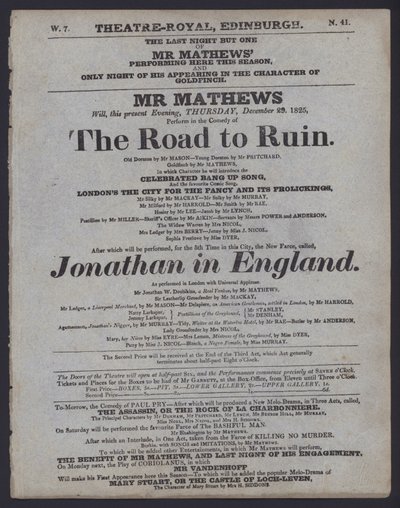 Teaterprogram for Theatre Royal, Edinburgh, 29. december 1825 (litho) af Scottish School