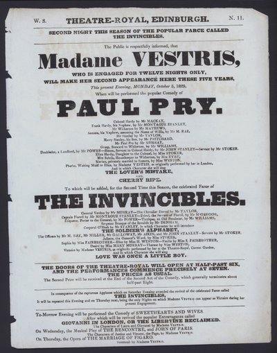 Teaterprogram for Theatre Royal, Edinburgh, 5. oktober 1829 (litho) af Scottish School