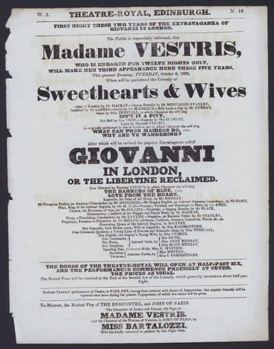 Teaterprogram for Theatre Royal, Edinburgh, 6. oktober 1829 (litho) af Scottish School
