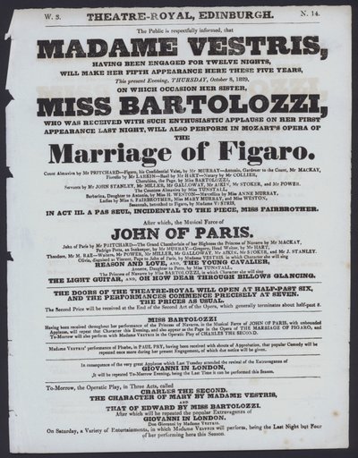 Teaterprogram for Theatre Royal, Edinburgh, 8. oktober 1829 (litho) af Scottish School