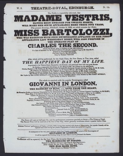 Teaterprogram for Theatre Royal, Edinburgh, 9. oktober 1829 (litho) af Scottish School