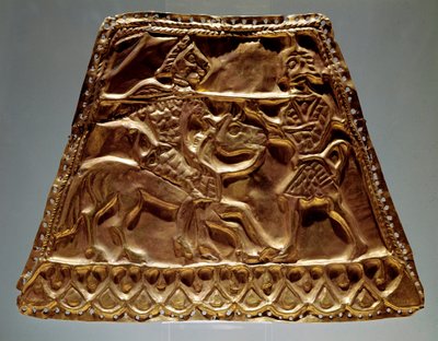 Gyldent ark, der viser en rytter, der angriber en kriger med et spyd (skytisk kunst, 5.-3. århundrede f.Kr.) af Scythian