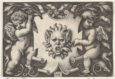 En maske på et skjold støttet af to genier, 1544. af Sebald Beham