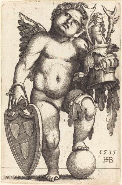 Kvindelig geni holder et våbenskjold af Sebald Beham
