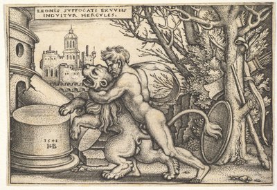 Hercules, i profil, dræber Nemean-løven med armen om dens hals, fra 