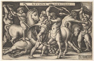 Hercules med sin kølle i midten kæmper mod en kentaur, andre mænd kæmper mod kentaurer til venstre for en..., 1542. af Sebald Beham