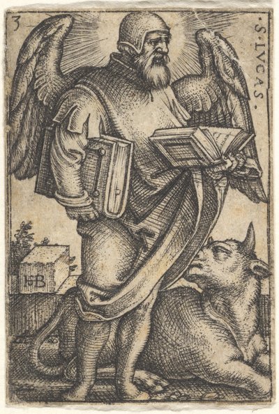 Plade 3: Sankt Lukas med hovedet drejet i profil til højre, en bog i hver hånd, en b..., 1541. af Sebald Beham