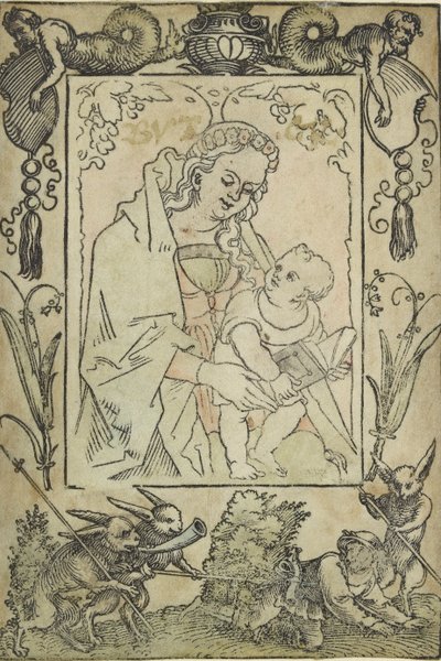 Jomfruen og barnet omgivet af en grænse med en jæger og nogle kaniner, 1500-tallet af Sebald Beham