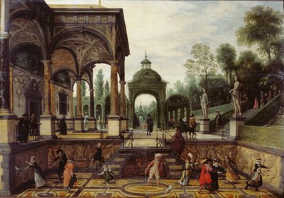 Italiensk have med galleri og figurer, første tredjedel af 1600-tallet.. af Sebastiaen Vrancx