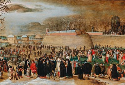 Vinterlandskab med karnevalsscene nær Kipdorppoort-bastionen i Antwerpen. af Sebastiaen Vrancx