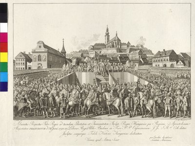 Kroning af kejser Franz II til kongen af Ungarn i Budapest den 6. juni 1792 (kobberstik) af Sebastian Mansfeld