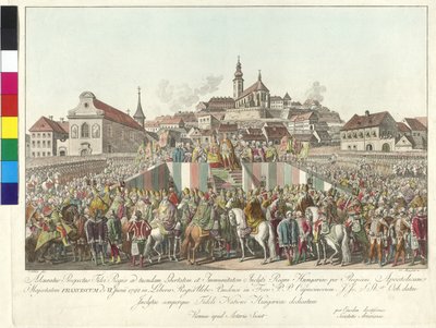 Kroning af kejser Franz II til kongen af Ungarn i Budapest den 6. juni 1792 (kobberstik) af Sebastian Mansfeld