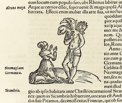 En heks tilkalder en trehovedet dæmon, fra 1550-udgaven af 