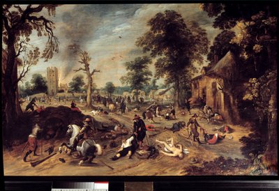 Looting in a village A group of horsemen looted and slaughtered the inhabitants of a village, the body of a naked woman lies on the ground, another is dragged by the hair. Painting by Sebastien Vrancxdani af Sebastian Vrancx