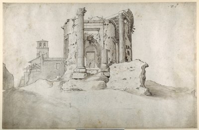 Ruinerne af Temple of the Tiburtine Sibyl i Tivoli (pen & brunt blæk med gråbrun vask på hvidt papir) af Sebastian Vrancx