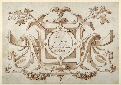 Strapwork cartouche forbundet med sættet af hans romerske synspunkter (pen & brunt blæk med brun vask på papir) af Sebastian Vrancx