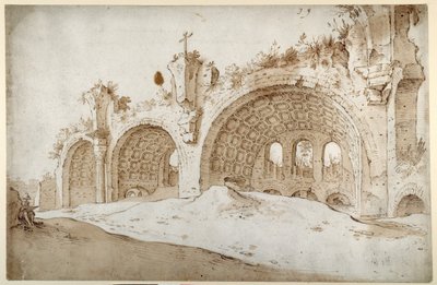 Basilica of Constantine and Maxentius (pen og brun blæk med brun vask på hvidt papir) af Sebastian Vrancx