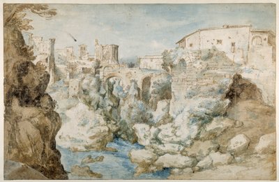 Udsigt over Tivoli med Tiburtine Sibylle-templet og vandfaldet (pen og blæk med brun og blå vask på papir) af Sebastian Vrancx