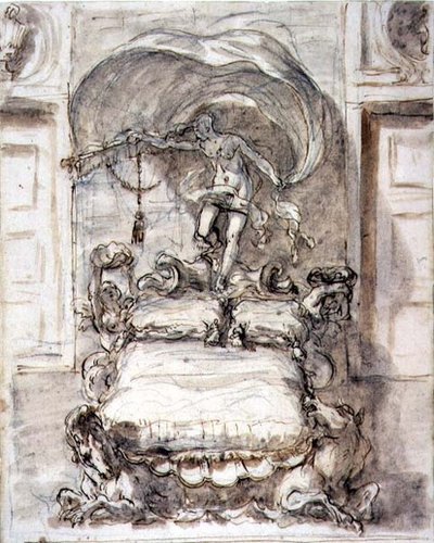 Seng med havheste og formue (brunt blæk og vask over kridt) af Sebastiano Ricci