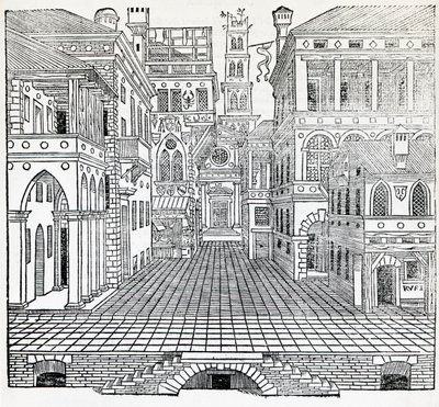 Magisk scene, teatralsk scenedesign af Sebastiano Serlio (1475-1554), illustration fra Treatise on Architecture, Bog II af Sebastiano Serlio