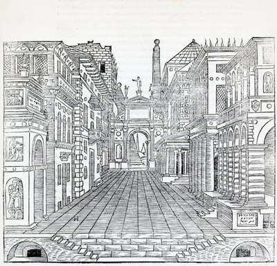 Magisk scene, teatralsk scenedesign af Sebastiano Serlio (1475-1554), illustration fra Treatise on Architecture, Bog II af Sebastiano Serlio