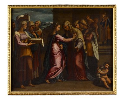 Besøgelsen (olie på lærred) af Sebastiano del (c.1485-1547) (after) Piombo