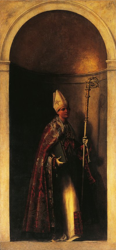 Saint Louis af Toulouse, dekoration fra orgeldør, ca 1509, af Sebastiano del Piombo (ca 1485-1547), olie på lærred, 293x137 cm, San Bartolomeo Kirke, Venedig, Italien af Sebastiano del (c.1485 1547) Piombo
