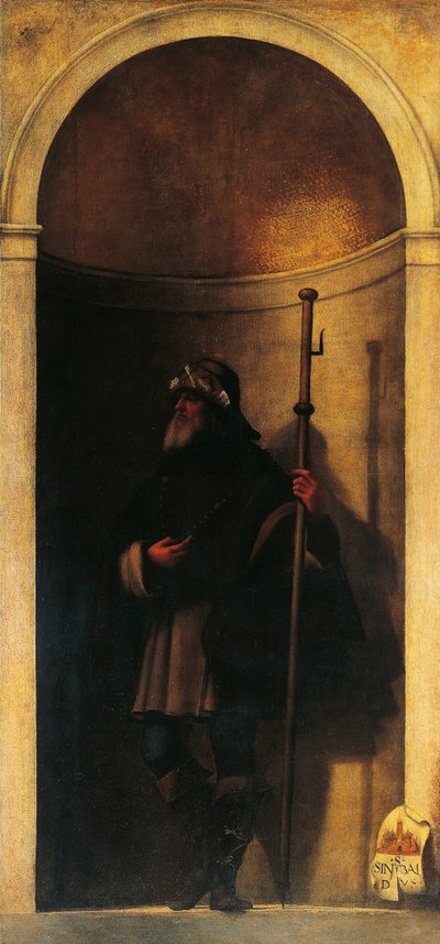 St Sinibald, dekoration fra orgeldør, ca 1509, af Sebastiano del Piombo (ca 1485-1547), olie på lærred, 293x137 cm, San Bartolomeo Kirke, Venedig, Italien af Sebastiano del (c.1485 1547) Piombo