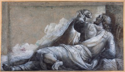En tilbagelænet apostel (sort kridt med brun vask på carta azzurra) af Sebastiano del (c.1485 1547) Piombo