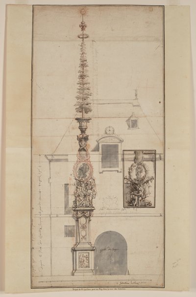 Projet de Mai des Gobelins permanent (recto) (sort kridt, rødt kridt, pen og sort og brunt blæk, grå vask, på to sammenføjede ark) af Sebastien I Le Clerc