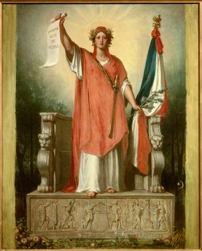 Republikken. Personificering af republikken (Marianne) med et pergament, hvorpå der er skrevet "folkets suverænitet"" og det trefarvede flag. Maleri af Sebastien Cornu (1804-1870) af Sebastien Melchior Cornu