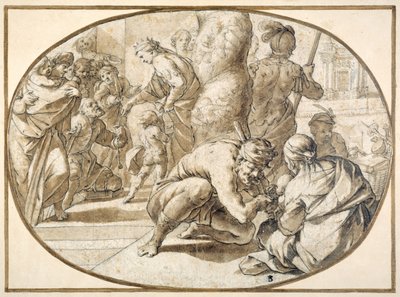 En dronning uddeler almisse til en forkrøblet tigger i templet i Jerusalem, begyndelsen af det 17. århundrede (pen og brunt blæk med brun vask) af Second School of Fontainebleau