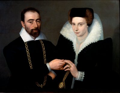 Portræt af et par Begge er iført sort, kvinden bærer en guipurekrave. Maleri af skolen i Fontainebleau af Second School of Fontainebleau