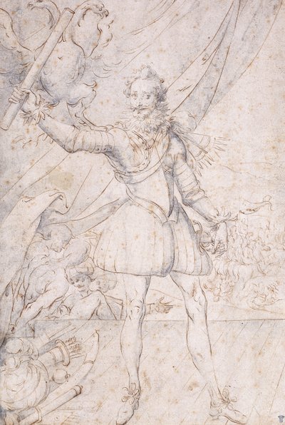 Kong Henrik IV, i fuld længde, et trofæ af de osmanniske arme ved hans fødder, hæver en rulle foran en ørn (sort kridt, pen og brunt blæk med blå vask) af Second School of Fountainebleau