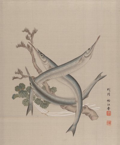 Tre fisk og en gren, ca. 1890-92. af Seki Shuko