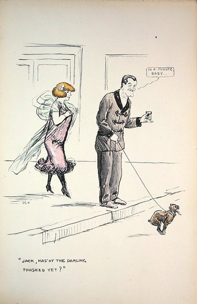 Par venter på, at en hund afslutter sin virksomhed, ca. 1921 (farve litho) af Sem