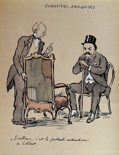 Rich Art Collector inspicerer en stol, der angiveligt ejes af Colbert. ca. 1919 (farve litho) af Sem