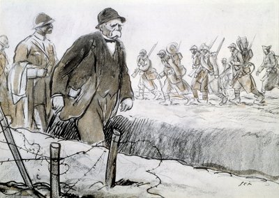 Første Verdenskrig: Portræt af Clemenceau (1841-1929) i et hylster på besøg ved fronten. Tegning af Georges Goursat dit Sem (1863-1934) af Sem