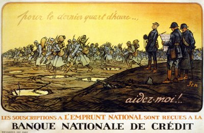 Plakat til landslånet “” Det sidste kvarter.. hjælp mig! Nationale låneabonnementer modtages af den nationale kreditbank”: General Ferdinand Foch (1851 - 1929) ser på sine tropper, der marcherer gennem slagmarken. Af Sem af Sem