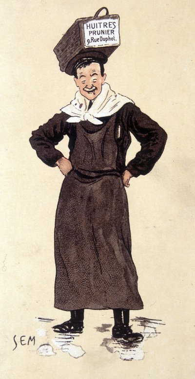 Sælger af østers fra butikken Prunier. Kromolitografi signeret SEM (1863 - 1934). af Sem
