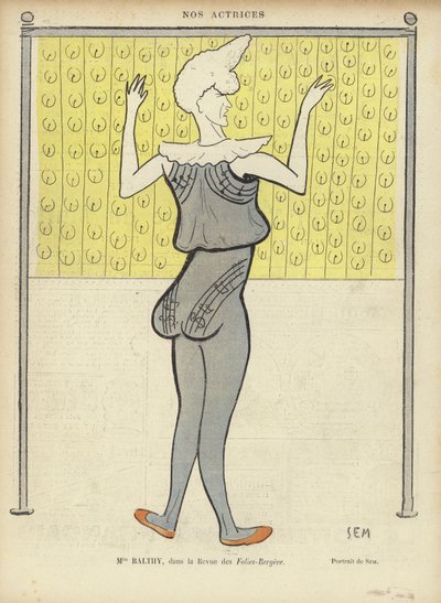 Louise Balthy, fransk skuespillerinde, på Folies-Bergere, illustration til Le Rire af Sem