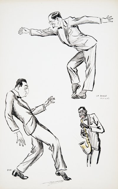 To herrer i sort slips udfører La Danse Havas til saxofon, fra White Bottoms, pub. 1927 (farveblokprint), fra White Bottoms, pub. 1927 (farveblokprint) af Sem