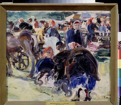 En messe (A Fair). Provinsmarked med bondekvinder og handlende. Maleri af Semyon Gavrilovich Nikiforov (1877-1912), olie på lærred af Semen Gavriilovich Nikiforov